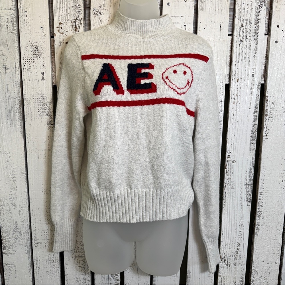 American Eagle Smiley Sweater Heather Gray AE Logo Women's Medium Preppy Retro‎